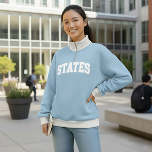 Sudadera de Mujer para Invierno, Nuevo Diseño, Media Cremallera, Dos Tonos, Sigma Nu, Manga Larga, Cuello Alto Simulado, Holgada, Acogedora, Moderna, Estilo Urbano - Product Image 1