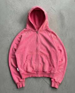 Oversized <b>Pink</b> Zip-Up Hoodie Crop Length Unisex Casual French Terry <b>Sweatshirt</b> Solid Color Hooded Regular Sleeve - Product Image 1