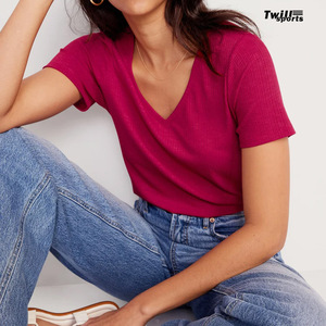 T-shirts décontractés d'été pour femmes en gros, col en V, 100 % coton toile, séchage rapide, respirants, 220g, avec broderie, vierges - Product Image 4