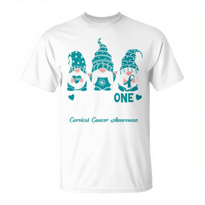 T-shirt Gnome One Fights Alone con nastro verde acqua, abbigliamento promozionale per la sensibilizzazione sul cancro cervicale - Product Image 2