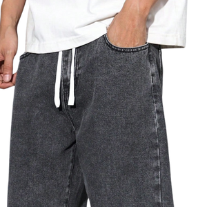 Mens Black Wide Leg Denim <b>Jeans</b> Mid <b>Elastic</b> <b>Waist</b> Loose Fit Breathable Front Logo Casual Washed Full Length Pants - Product Image 3