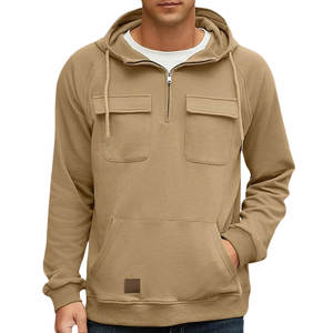 Pull-over à fermeture éclair pour hommes en plein air cargo 1/4 sweat-shirt de sport randonnée à capuche multi-poches vestes tissu 80% coton polyester - Product Image 3