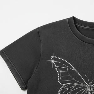 T-shirt en coton slim pour femme, col rond, accessoire vestimentaire en gros, motif papillon en strass à repasser - Product Image 4