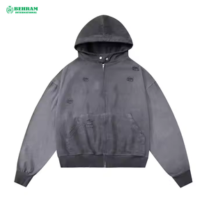 Top vente entièrement personnalisé plaine sweat à capuche zippé en détresse soleil délavé coton français éponge fermeture éclair sweats à capuche et sweat-shirts - Product Image 3