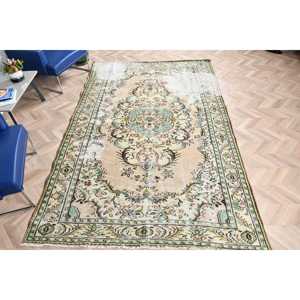 Turkish Rug, 6.3x9.7 ft Vintage Rug, Green <b>Yellow</b> Bordered <b>Wool</b> Rug - Product Image 4