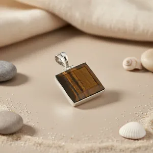 925 Sterling Silver Gold Fine Square Tiger's Eye Gemstone Pendant Necklace Link Chain Elegant Statement Jewelry Hypoallergenic - Product Image 2