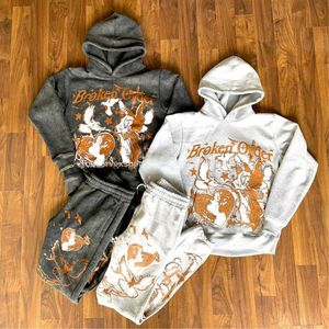 Observex Sports Hooded Heavyweight French Terry Screen Printing Distress <b>Rein</b>-stones Black Wash Unisex Oversize Track Suits - Product Image 3