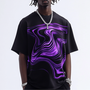 Camiseta negra de gran tamaño personalizada para hombre, estampado abstracto morado, ropa informal cómoda de Hip Hop, frente de gofres de algodón transpirable - Product Image 6