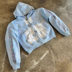 Sudadera con capucha de diamantes de imitación lavado ácido de moda para mujer, algodón transpirable con cremallera, moda callejera con detalles en purpurina - Product Image 2