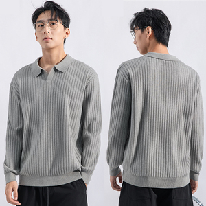 남자의 니트 폴로 셔츠 긴 소매 <span class=keywords><strong>V</strong></span> 넥 풀오버 스웨터 질감 캐주얼 칼라 상의 남성 폴로 원피스 스웨터 - Product Image 2