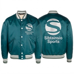 Chaqueta Bomber de Satén Color Verde Azulado con Cuello, Puños y Dobladillo de Punto Acanalado con Rayas Bordadas y Botones a Presión, Chaqueta de Béisbol Premium OEM - Product Image 4