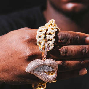 Collar con Colgante de Labios de Cliente, Diseño de Labios Grandes Estilo Hip Hop, Moissanita Real con Incrustaciones de Diamantes y Zafiro Rosa, Cadenas y Colgantes Hip Hop - Product Image 3