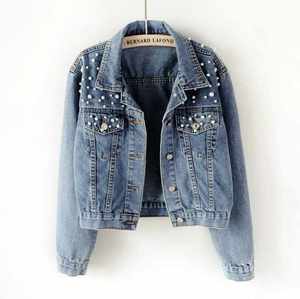 Black Denim <b>Jacket</b> with Stylish Patchwork <b>Pattern</b> Pearl Jean <b>Jackets</b> Blue Jean Women Denim <b>Jacket</b> - Product Image 1