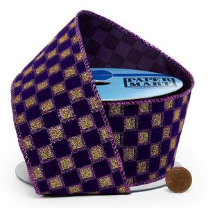 Luxury Floral Velvet <b>Wired</b> <b>Ribbon</b> Sparkling Checkered Print for Birthday Halloween Wedding Christmas Hanukkah Silk Polyester - Product Image 2