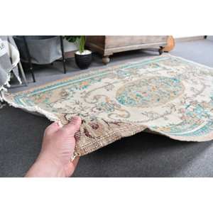 Classique Beige Bleu Vintage Tapis Turc 3.9 X 6.8ft À La Main Patchwork Conception Laine Bambou Soie Matériel Latex Support pour Vivre - Product Image 4