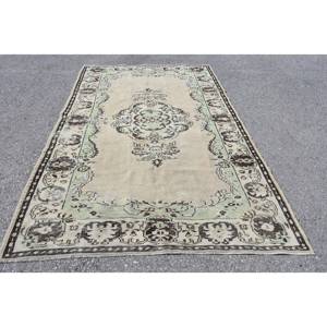 Tapis en Laine Vintage Beige Vert 5.6 X 8.8ft Classique Style Turc Design Patchwork Fait Main pour Chevet Support en Latex - Product Image 1