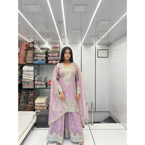 Exquis nouveau concepteur lourd broderie travail indien pakistanais Palazzo costume framboise tenue de mariée dames longue robe de soirée - Product Image 2
