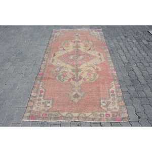 Turkish 4.2x8.1 ft Rug, Area Vintage Rug, <b>Red</b> Pink Patchwork <b>Wool</b> Rug - Product Image 1