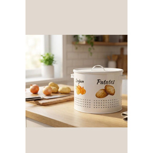 2-Compartment Large Potato and Onion Storage <b>Box</b> with Metal Lid and Design Print, Vegetable <b>Container</b>, White - Product Image 1