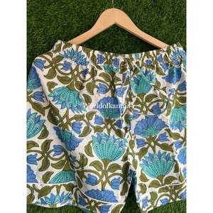 Ensembles de pyjama à manches courtes d'été faits à la main beau pantalon court en gros coton indien imprimé fleuri bleu vêtements de salon vêtements de nuit PJ - Product Image 4