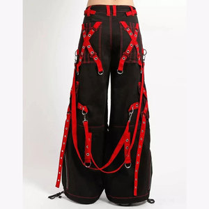 Pantalon convertible à bretelles noires et rouges, style punk rock gothique, 100% coton, pantalon gothique unisexe 2026 - Product Image 3