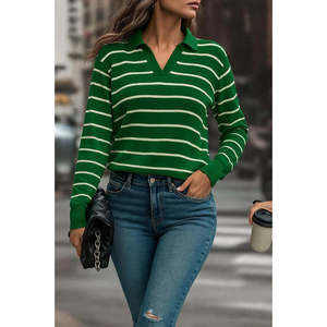 Blusa de punto a rayas con cuello en V y manga larga para mujer, 28577 - Product Image 1