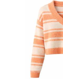 Customized Peach White Striped <b>Women</b> V Neck Knit Sweater Soft Fuzzy Fabric Long Sleeve <b>Cropped</b> Winter Casual Fashion Pullover - Product Image 3