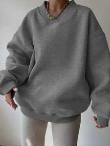 Loose Fit Grey Oversized <b>Women</b> V Neck Sweatshirt Heavyweight Cotton <b>Fleece</b> Pullover Casual Long Sleeve Drop Shoulder Winter <b>Top</b> - Product Image 3