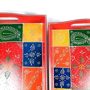 Juego de bandejas para servir de 3 bandejas de madera decorativas artesanales para desayuno, café, té, bandejas para servir aperitivos (Rectangular) - Product Image 2