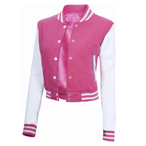 Vente la plus chaude femmes saison d'hiver Letterman personnalisé couleur rose recadrée varsity vestes en cuir à manches longues femmes vêtements de sport - Product Image 2