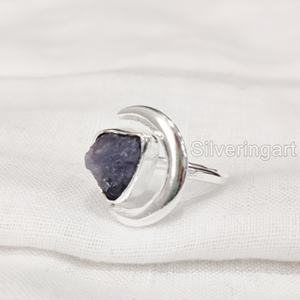 Anillo de plata de ley 925 ajustable con piedra natural de tanzanita, luna creciente, piedra de nacimiento de diciembre, para mujer - Product Image 1