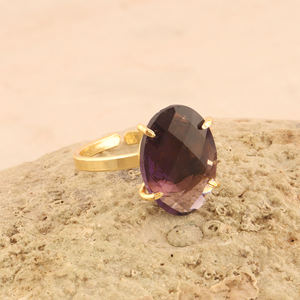 Simple Design Oval Gemstone <b>Ring</b> Checker Cut Purple Amethyst <b>Quartz</b> Adjustable <b>Ring</b> 18k Gold Plated Unisex Wear Stacking <b>Rings</b> - Product Image 4