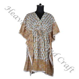 El mejor vestido maxi de noche con estampado de bloques a mano para mujer Kaftan étnico africano en estilo corto KFCS165 hecho de algodón talla XL - Product Image 6