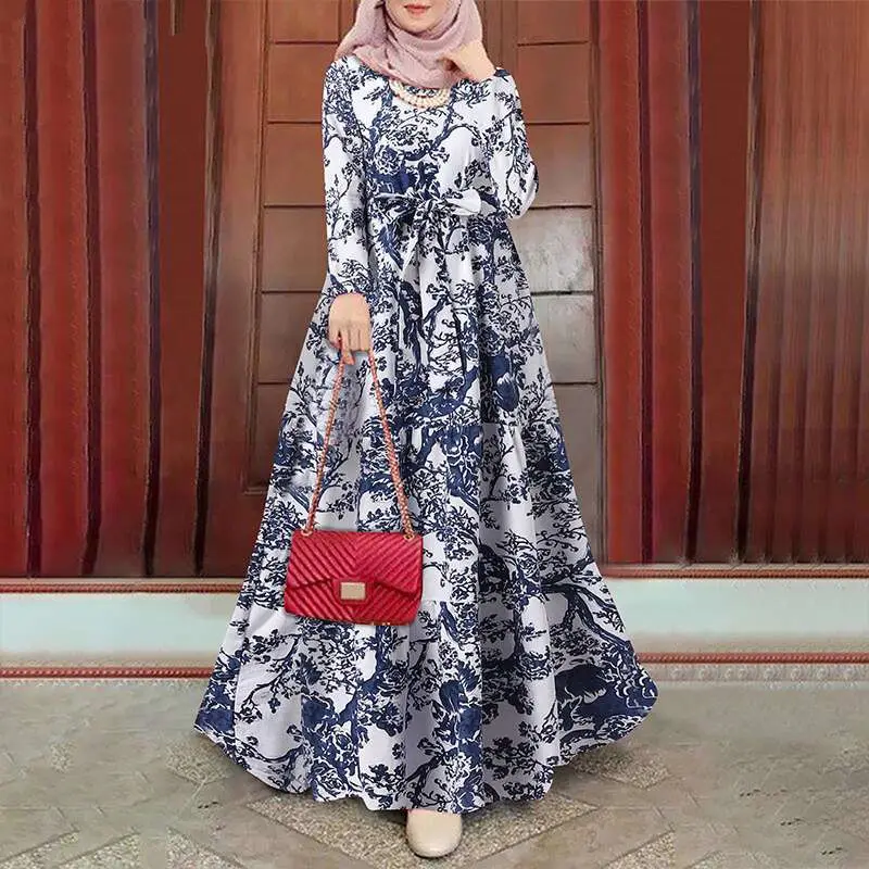 Vintage Printed Muslim Dress 2022 Women Autumn Islamic Clothing Casual Maxi Vestidos Female Floral Sundress Turkish Robe