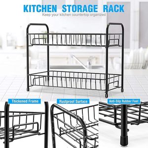 Home Kitchen 2-Tier Black Metal Folding Rack Shelf <b>Storage</b> Holder <b>Accessories</b> for Store Room glass, spice rackcabinet spice rack - Product Image 4
