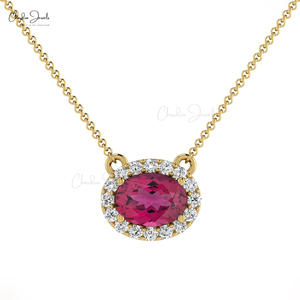 Venta al por mayor 14K oro sólido Halo collar diamante circundante Rosa turmalina piedra preciosa 7x5mm corte fino fiesta de compromiso de las mujeres - Product Image 6