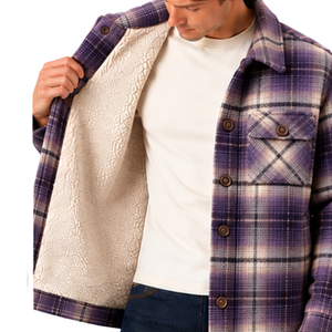 Veste en tissu écossais doublée de sherpa violet pour homme, chaude pour l'hiver, avec boutons et poches poitrine, style décontracté - Product Image 3
