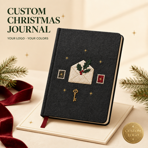 Journal de Noël personnalisé LABON, couverture rigide noire, <span class=keywords><strong>enveloppe</strong></span> brodée, clé de houx, timbres-poste, étoiles dorées, pages lignées - Product Image 1