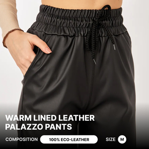 Pantalon palazzo en cuir noir doublé chaud pour femme, coupe ample, taille élastique, pantalon décontracté - Product Image 1