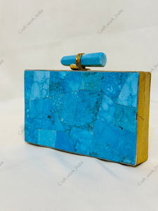 Turquoise Gemstone Mosaic <b>Clutch</b> with Beaded Handle Gold Frame Handmade Luxury Stone <b>Bag</b> <b>for</b> Parties <b>Weddings</b> Events - Product Image 3