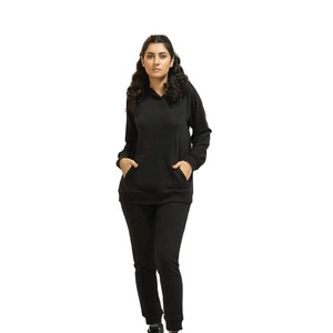 Ensemble de survêtement de couleur noire pour femmes Sweat à capuche en molleton de coton avec pantalon de survêtement Tenue 2 pièces pour l'hiver et vêtements décontractés - Product Image 1