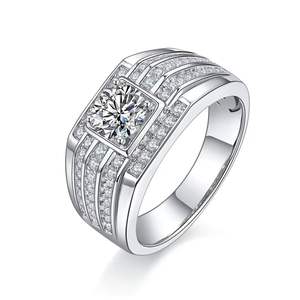 Anillo de Bodas de compromiso de plata 925 de oro blanco de 18 quilates para hombre, piedra preciosa de circonita cúbica clásica, rodio negro para fiestas, aniversarios - Product Image 1