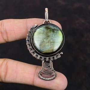 Pendentif en fil de laiton vintage Labradroit Gem, en forme de pyramide de malachite, pierre de naissance, cadeau de mariage, fait à la main, vente en gros - Product Image 6