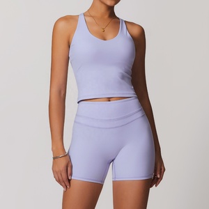 Lavender Crew Neck <b>Crop</b> <b>Top</b> High Waist Shorts 2 Piece Yoga Set Seamless Breathable Activewear - Product Image 6