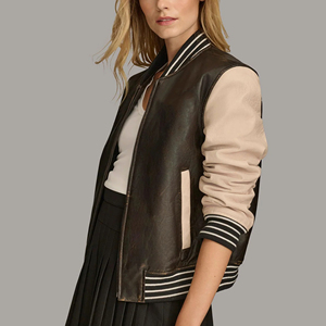 Vente chaude coupe décontractée en cuir pur veste universitaire zippée pour les femmes Streetwear veste universitaire chaude Hip Hop pour femmes - Product Image 5