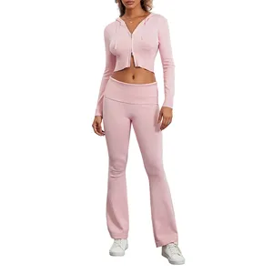 Sudaderas con capucha de alta calidad para mujer, chándal, Top corto de algodón con bolsillos, pantalones, conjunto de 2 piezas, chándal - Product Image 1