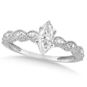 14k White <b>Gold</b> Marquise Antique Style Diamond Bridal <b>Set</b> 0.58ct Diamond <b>Rings</b> - Product Image 1