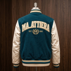 Veste bomber en velours côtelé bleu turquoise pour homme, manches en cuir crème, broderie personnalisée, OEM ODM, vente en gros - Product Image 3