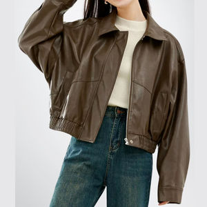 Chaqueta bomber de piel auténtica para mujer al por mayor estilo Y2K ropa informal impermeable OEM personalizar chaqueta de piel auténtica para mujer - Product Image 1