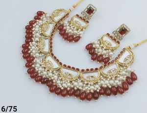 Nuevo diseño FancyGold plateado tradicional Motipearl & Kundan tachonado gargantilla collar con pendientes a juego Mangtika conjunto de joyas - Product Image 5